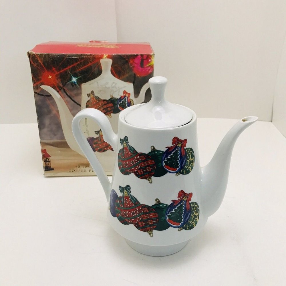 Christmas Tea Coffee Pot Holiday Elegance Signature Serving Pitcher Vtg In Box